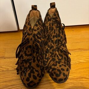 NEVER WORN—Cheetah Heeled Boots with Fringe